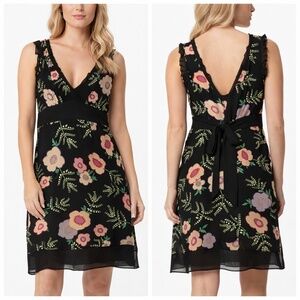 ALANNAH HILL 100% Silk Black Floral Sleeveless Double Vee Neckline Dress US 10